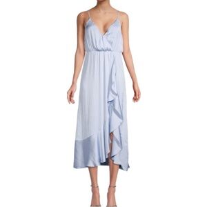 Bardot Ruffle Spaghetti Strap Dress Satin Like Blue Faux Wrap Elastic Waist 16